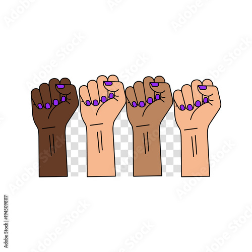 Four raised fists with purple nails in solidarity