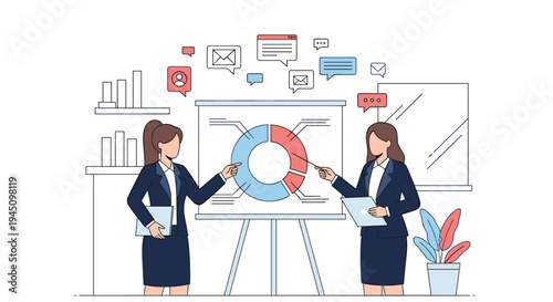 Two professional businesswomen in suits presenting a colorful pie chart on a whiteboard during a corporate meeting about data and analytics.