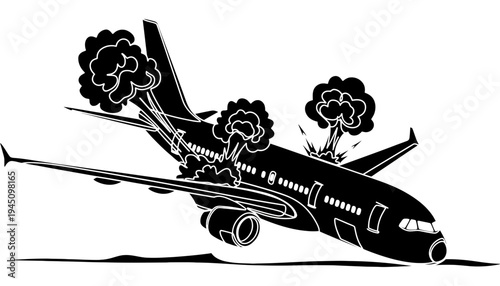 Airplane crash vector illustration with explosion and smoke in black silhouette