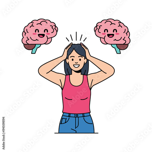 A woman with two smiling brains floating above her head