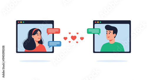 Two people having an online video call for a virtual date, with heart icons between browser windows representing long distance relationships.
