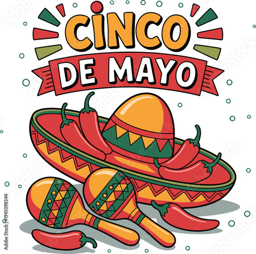 Cinco de Mayo Fiesta Celebration with Sombrero, Chili Peppers, and Maracas
