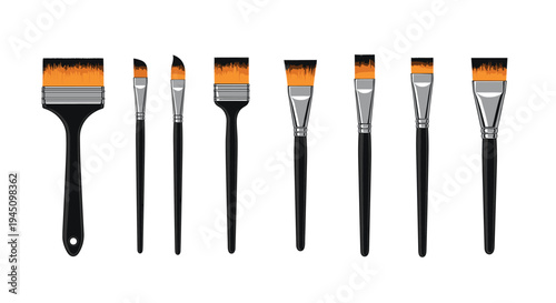 Set of different sized and shaped paint brushes with black handles and orange bristles, suitable for art, painting, and DIY projects.