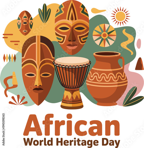 African masks drum and pottery on colorful background for african heritage day