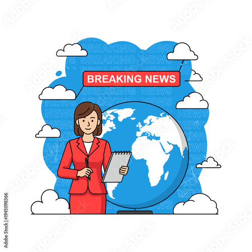 A cartoon woman in a red suit holding a microphone and notebook