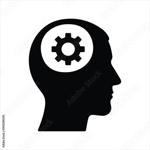 Human head silhouette profile with gears and mechanical brain concept illustration as a vector symbol for human intelligence, creativity, and technological thinking.