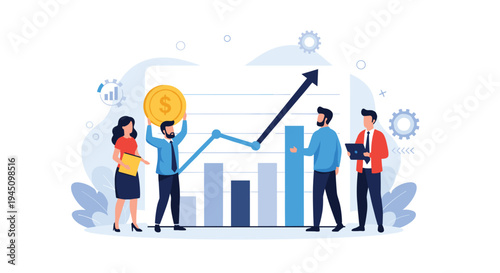 Group of business people analyzing a financial growth chart with a large rising arrow and a gold coin, symbolizing company success and profit.