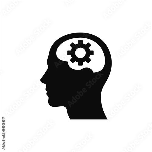 Human head silhouette profile with gears and mechanical brain concept illustration as a vector symbol for human intelligence, creativity, and technological thinking.