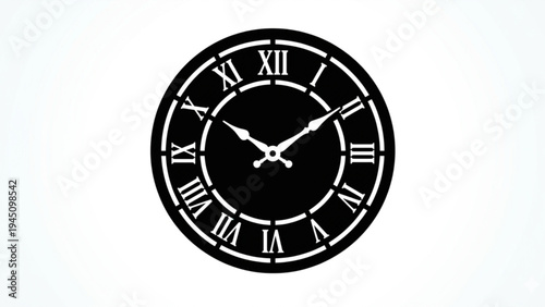 Classic vintage wall clock silhouette with roman numerals isolated on white background