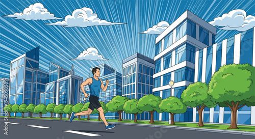 Athletic man in sports clothes running through a modern city street with tall glass buildings and green trees under a bright radial sky.