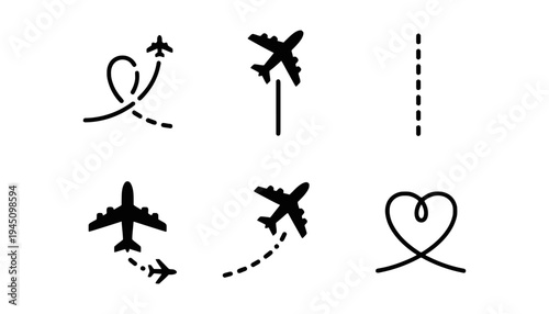 Airplane vector icons with heart shaped flight paths and silhouettes