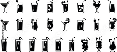 Cocktail and beverage glass silhouette icon set with different drink styles isolated on light background for bar menu design