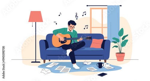 Young man sitting on a blue sofa and playing an acoustic guitar in a cozy living room filled with music notes and scattered papers.