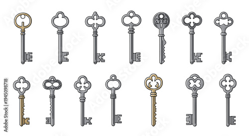 Large set of 14 different antique and vintage keys in various styles and shapes, featuring ornate handles and metal finishes for mystery and security.