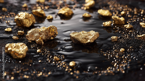 Golden nuggets gleam on dark, wet surface