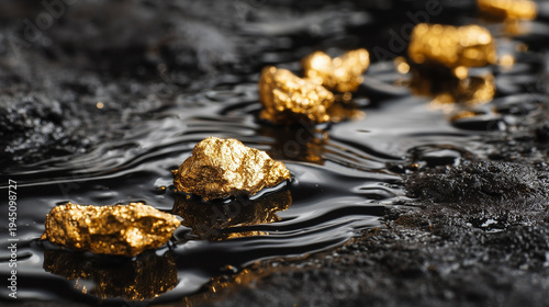 Golden nuggets gleam on wet, dark soil