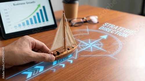 Businessman's hand navigates a model sailboat towards strategic direction, symbolizing the unveiling of business growth potential and illuminating the path for future success