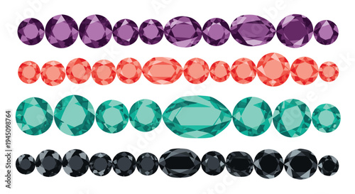 Rows of sparkling faceted gemstones in various colors like purple, pink, teal, and black, shown in different shapes like round and oval.