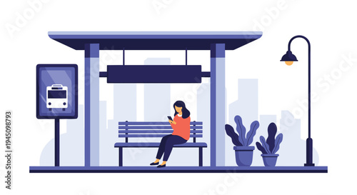 Lone woman sitting on a bench at a bus stop in the evening, looking at her smartphone while waiting for transportation with a city background.