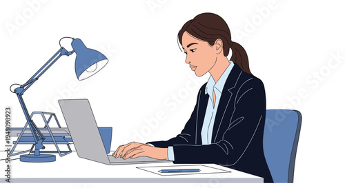 Professional young woman focused on working with her laptop at a clean office desk with a lamp in a modern workspace.