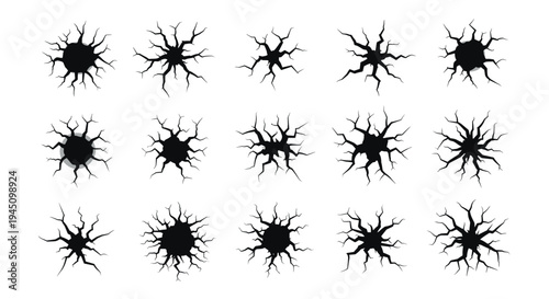 Large collection of various black crack patterns and hole shapes representing surface damage or breakage on white background.