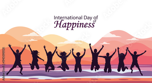 Vector illustration of people jumping in joy on International Day of Happiness with colorful mountain range background, conveying happiness and positivity.