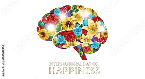 International Day of Happiness design illustration featuring a colorful brain with flowers on a white background, promoting joy and positivity concept.