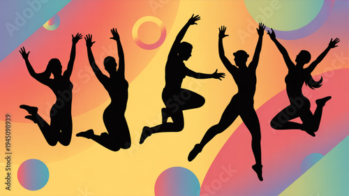Silhouettes of joyful people jumping with arms raised in colorful abstract background with vibrant circles and wavy lines