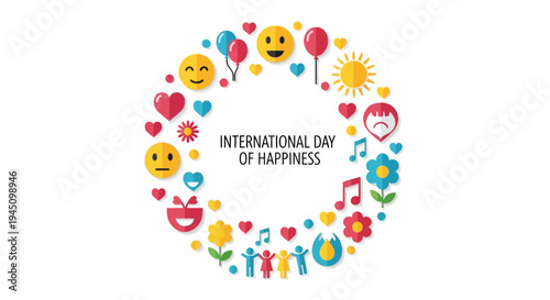 Colorful illustration celebrating International Day of Happiness with joyful symbols and icons on a white background.