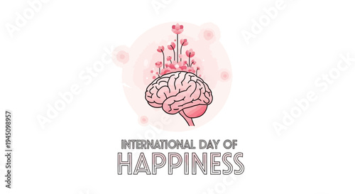 Illustration design for International Day of Happiness with a brain and flowers symbolizing joy and positivity concept on a white background.