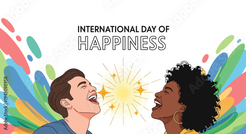 Illustration of a smiling man and woman laughing together on International Day of Happiness with colorful design elements and a joyful positivity concept.