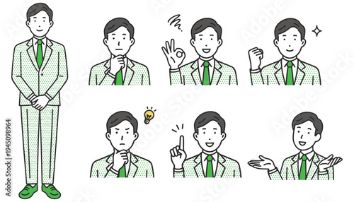 Businessman vector illustration set in green suit and tie