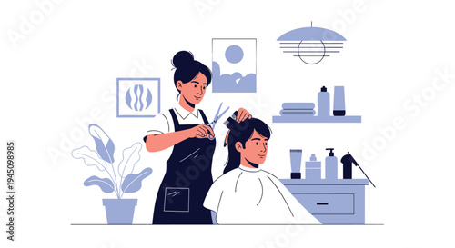 Professional female hairdresser cutting the hair of a client in a beauty salon with various hair products on shelves.