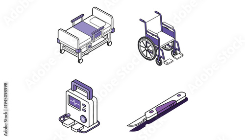 Medical equipment icon set including hospital bed and wheelchair