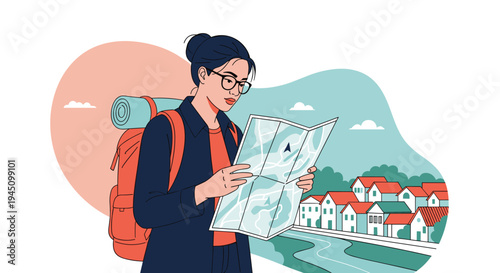 Young female traveler with a backpack and glasses looking at a paper map while exploring a small coastal town area.