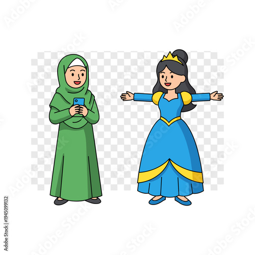 A cartoon muslim girl and a princess standing side by side