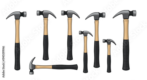 Large set of various hammers with wooden handles and black grips shown in different sizes for construction projects.