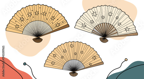 Collection of three elegant hand fans decorated with star patterns and set against simple abstract shapes and lines.
