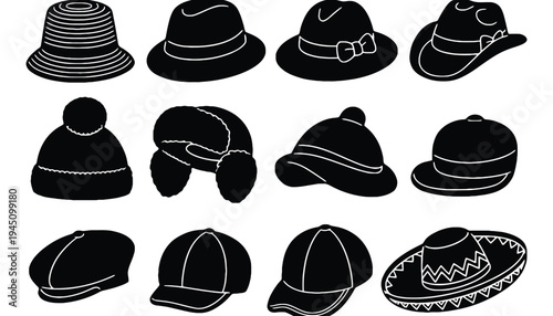 A collection of hat silhouettes in various styles and designs