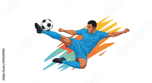 Professional soccer player in a blue uniform performing a powerful bicycle kick with a football on abstract background.