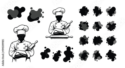 Confident chef holding a rolling pin in a black and white illustration surrounded by various ink splatters or blobs.