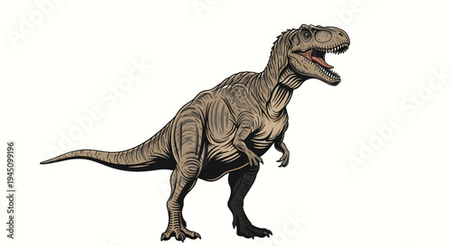 Detailed illustration of a Tyrannosaurus Rex dinosaur with its mouth wide open showing sharp teeth on white background.