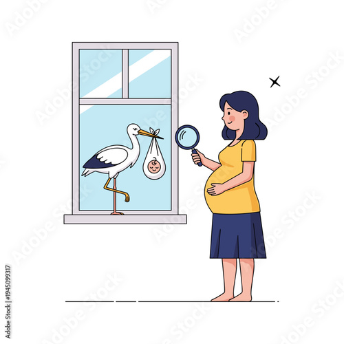 A pregnant woman looks through a magnifying glass at a stork delivering a baby