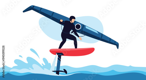 Athlete using a hydrofoil board with a large wing sail while surfing across the blue ocean waves during the daytime.