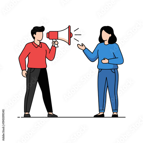 A man and woman communicating with a megaphone