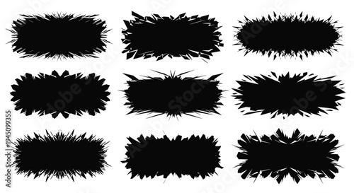 Large collection of diverse black ink splatters and brush stroke shapes with rough edges for artistic graphic design.