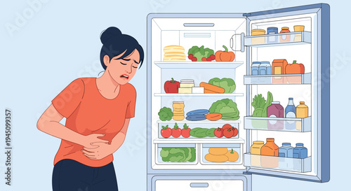 Woman feeling stomach pain or nausea while standing in front of an open refrigerator full of fresh food items.