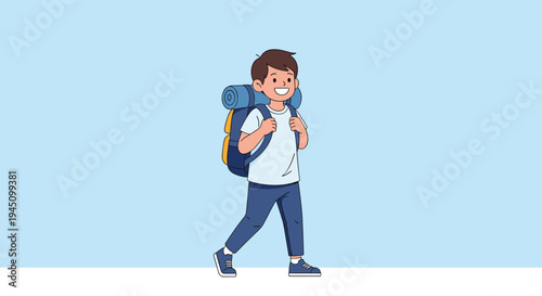 Happy young boy with a large blue backpack walking outdoors representing a scout on a hiking or camping adventure.
