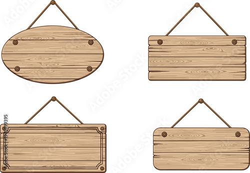 Set of rustic wooden hanging signs with ropes, oval, rectangular, bordered, and rounded shapes, perfect for vintage design, decoration, and business use