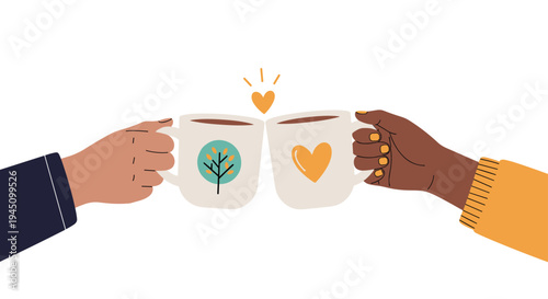 Diverse hands clinking two white coffee mugs decorated with a heart and a tree to represent friendship and connection in a warm atmosphere.